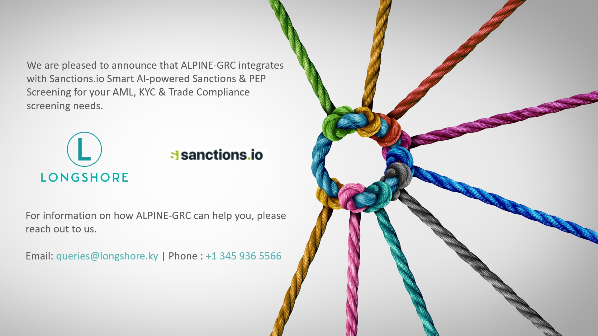 Longshore Labs and Sanctions.io partnership illustration showing knotted ropes, representing strength, trust, and collaboration in delivering AI-powered AML, KYC, and PEP compliance solutions for financial institutions.